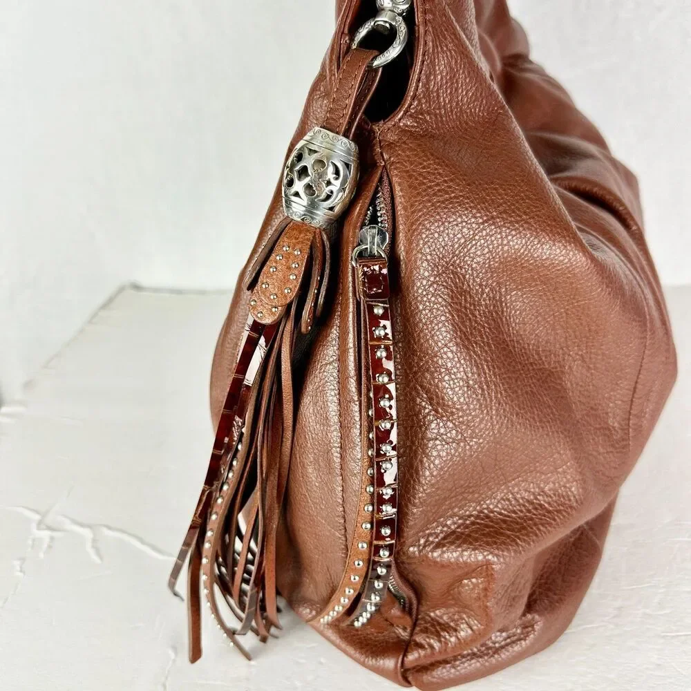 Brighton Femme Fatal Gretta Garbo Studded Shoulder Bag Hobo Brown Tassel Leather